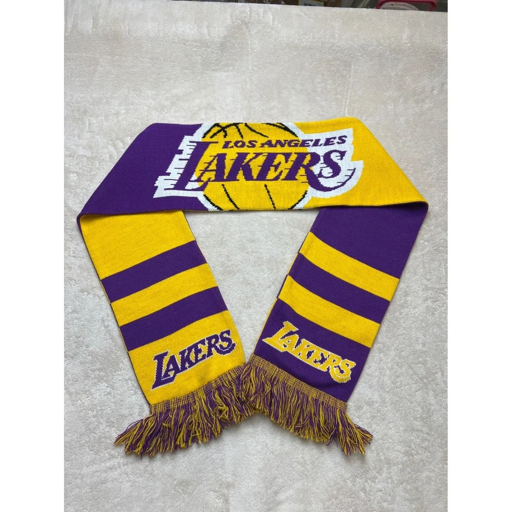 Vintage Los Angeles Lakers NBA Scarf Unisex OS Purple Gold Knit Fringed Fan
